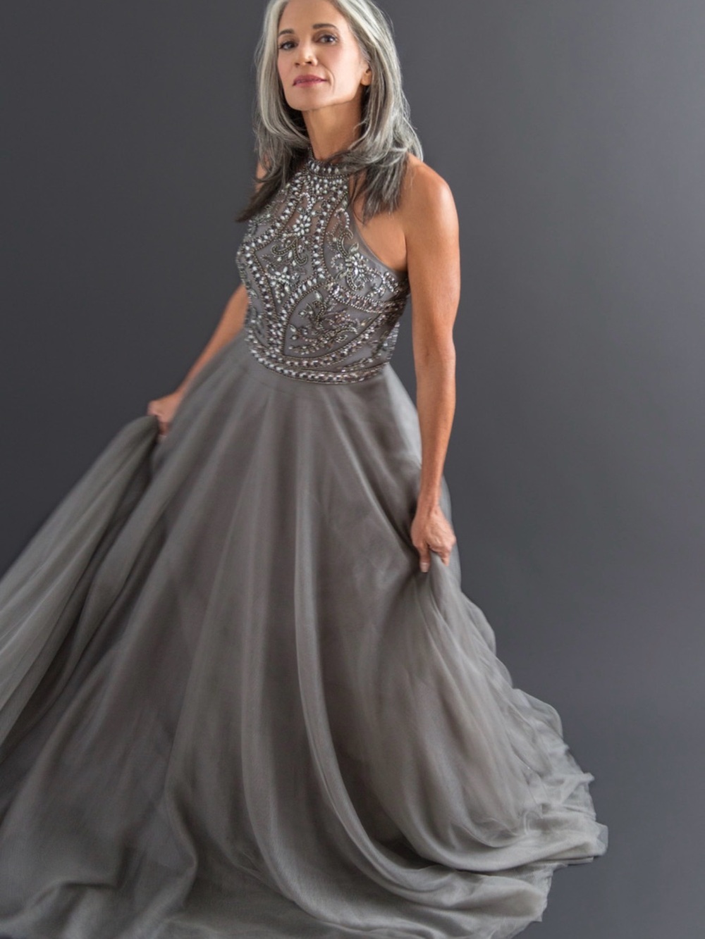 COYA COLLECTION EMBELLISHED HALTER TULLE FORMAL GOWN